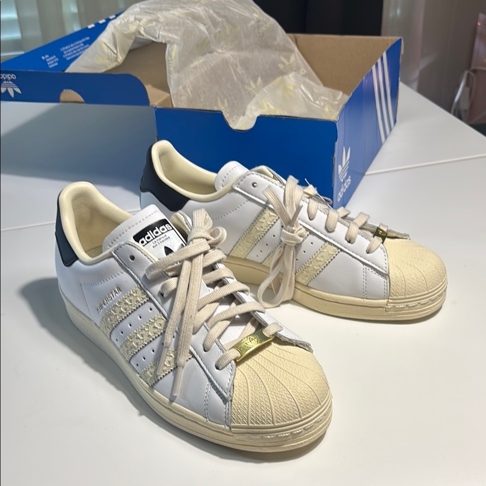 Adidas White and Cream Superstar Sneakers
